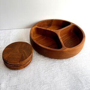 MCM Dansk Teak Divided Serving Bowl & 4 Coasters Set retro Danish Decor Wood